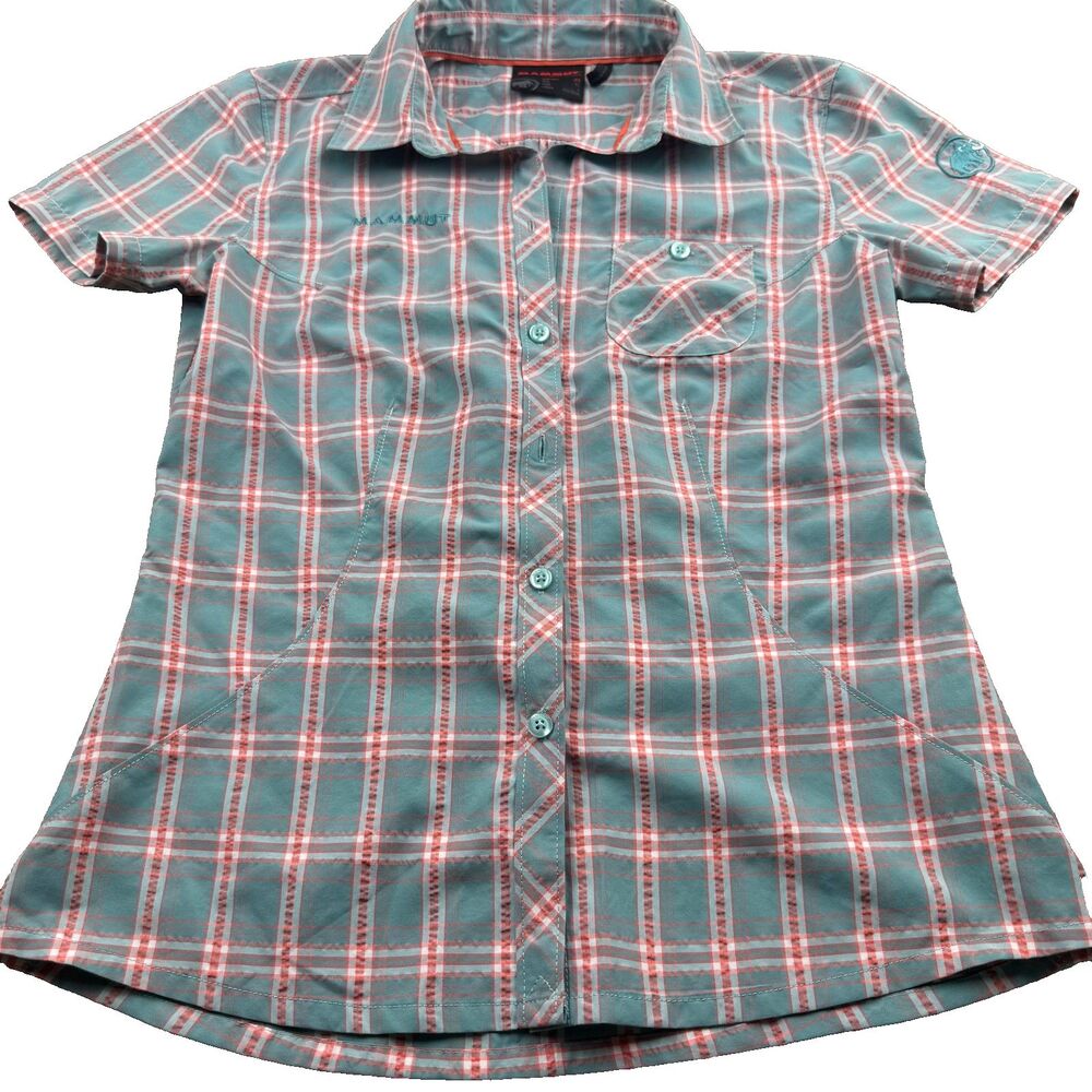 MAMMUT Short Sleeve Shirt Women's XS Teal Plaid Button Up Hiking Gorpcore